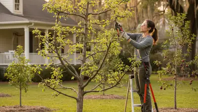 Arborist pruning fruit tree in Baton Rouge LA backyard orchard for healthy growth and productive harvest