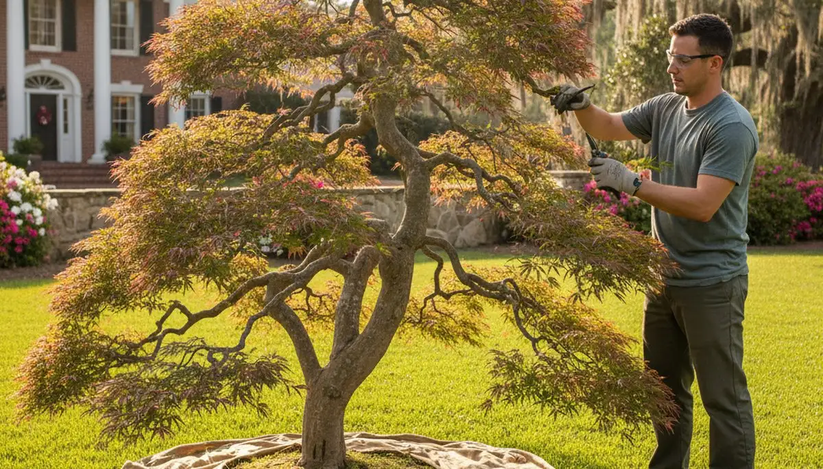 Arborist hand pruning ornamental tree for refined landscape design in Baton Rouge, LA