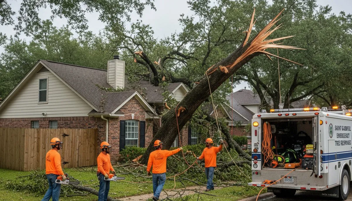 Emergency tree removal crew clearing storm-damaged trees in Saint Gabriel near Baton Rouge, LA