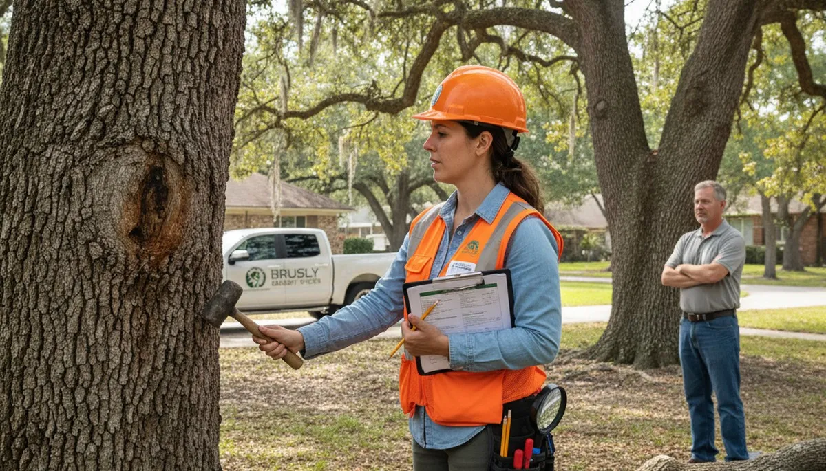 Certified arborist performing tree health assessment for homeowners in Brusly, Baton Rouge, LA