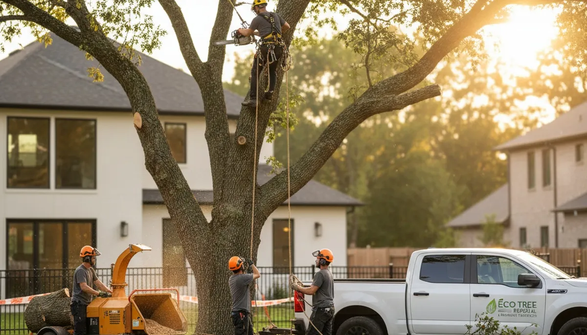 Arborist performing safe tree removal in Baton Rouge, LA with professional equipment and crew