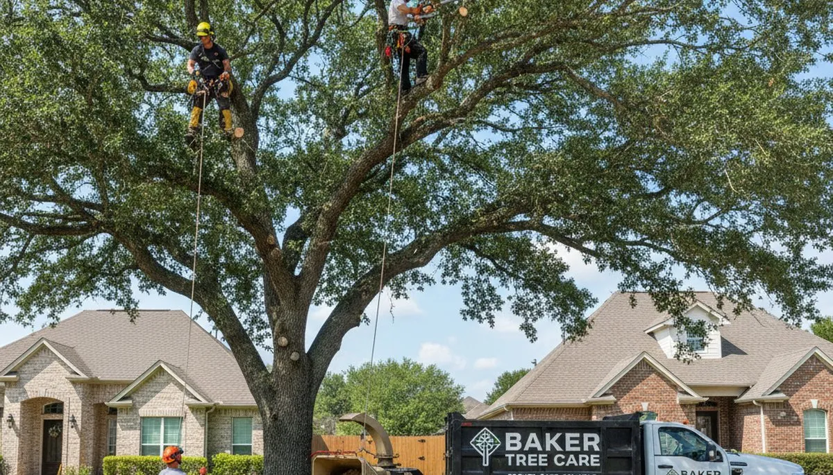 Professional tree removal service in Baton Rouge LA safely clearing large oak near home
