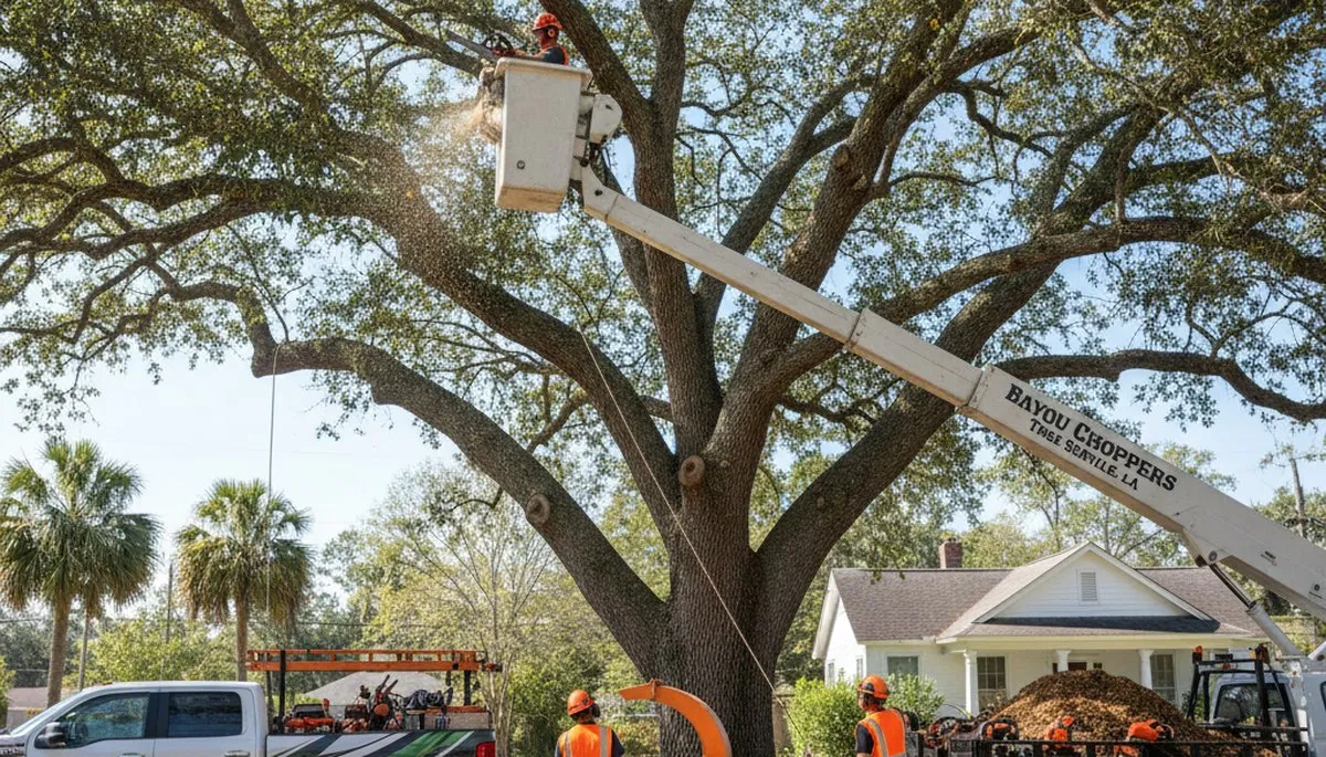 Professional tree removal service in Baton Rouge LA safely cutting large oak branches
