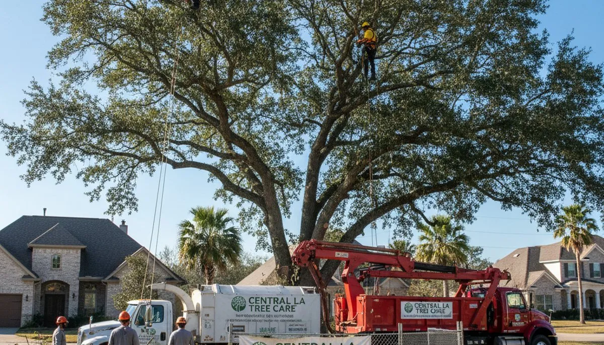 Professional tree removal service in Baton Rouge LA safely clearing large oak near home