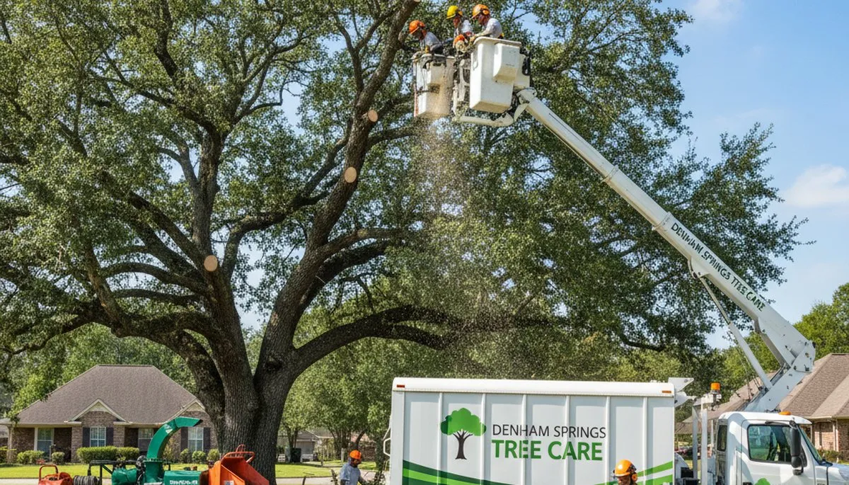 Professional tree removal service in Baton Rouge, LA safely cutting and clearing large oak tree