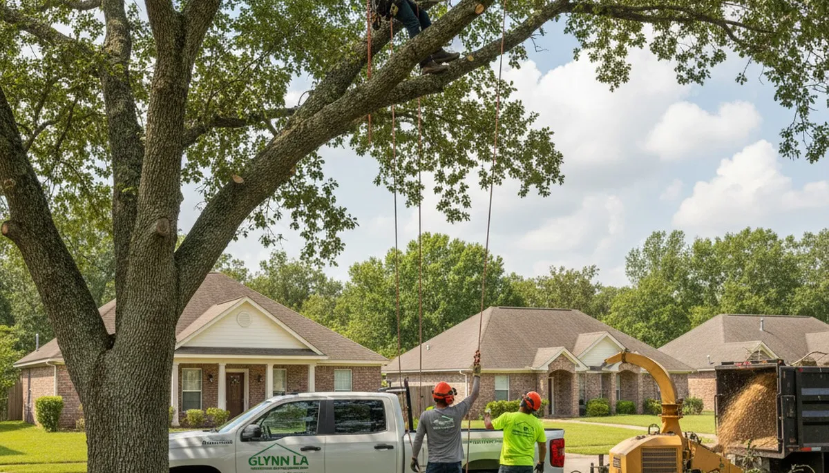Professional tree removal service in Baton Rouge LA safely cutting and clearing large oak trees