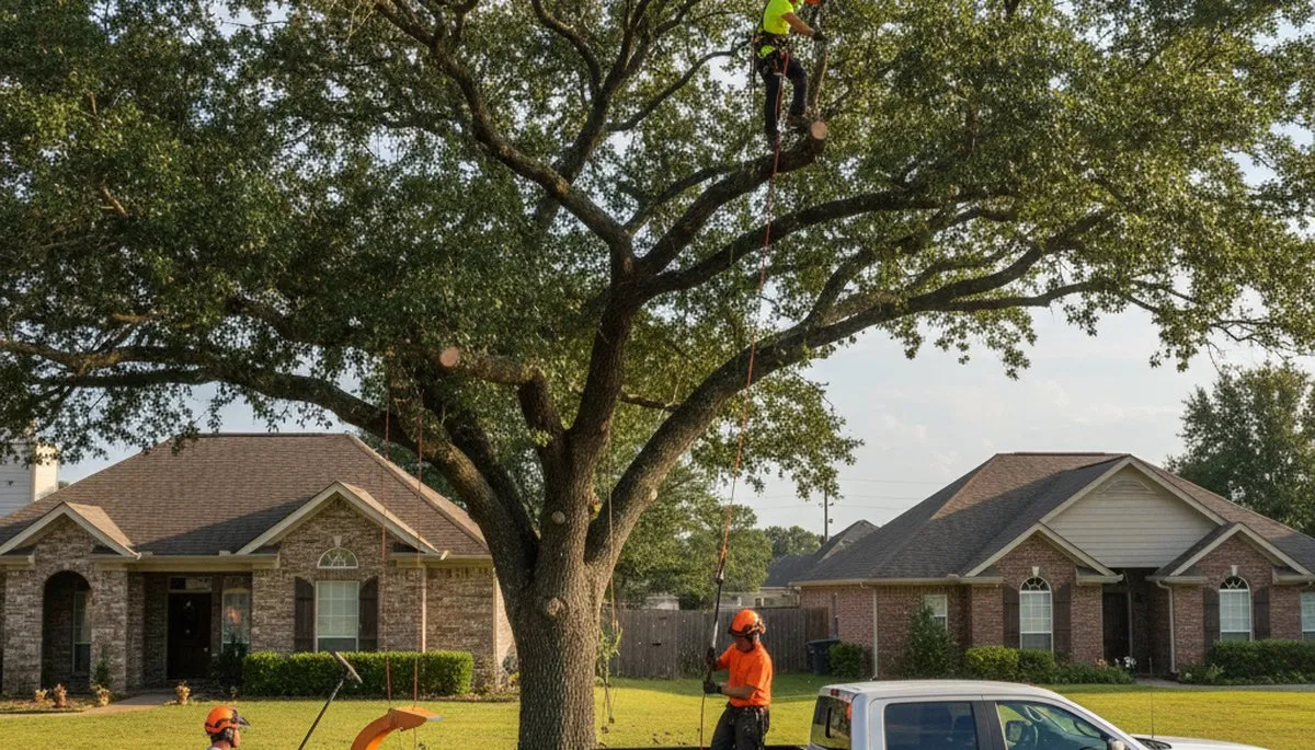 Professional tree removal service in Baton Rouge LA safely cutting and hauling large oak tree