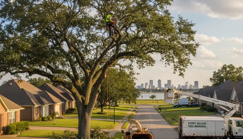 Professional tree removal service in Baton Rouge LA safely cutting and clearing large oak trees