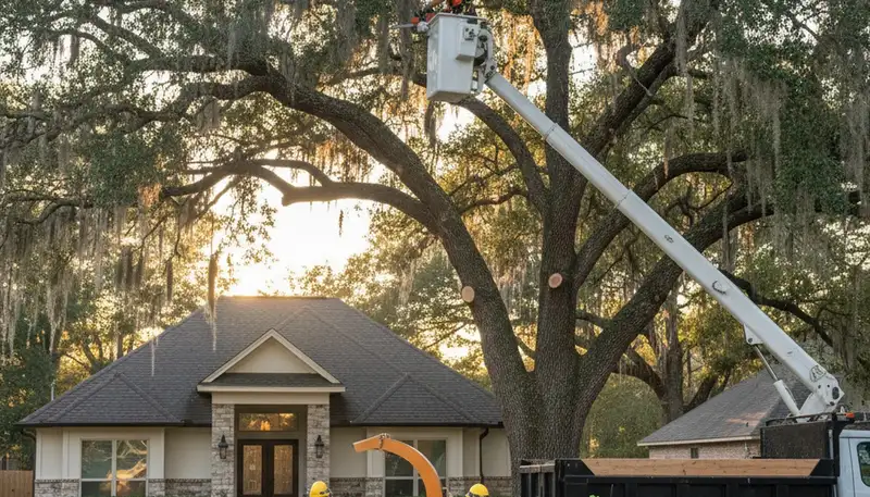 Professional tree removal service team in Baton Rouge LA safely cutting large oak tree
