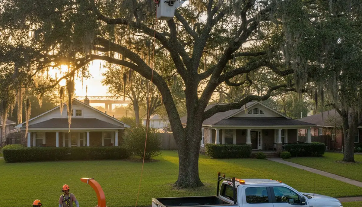 Professional tree removal service in Baton Rouge LA safely cutting large oak branches
