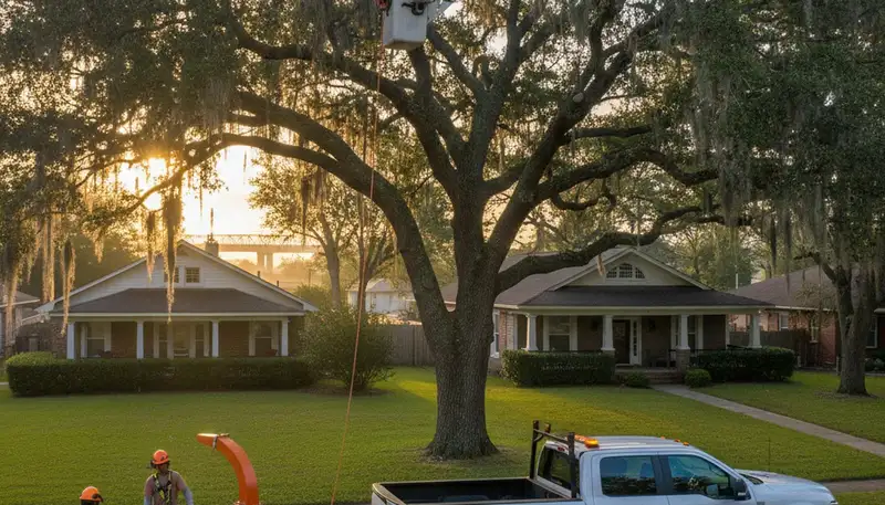 Professional tree removal service in Baton Rouge LA safely cutting large oak branches