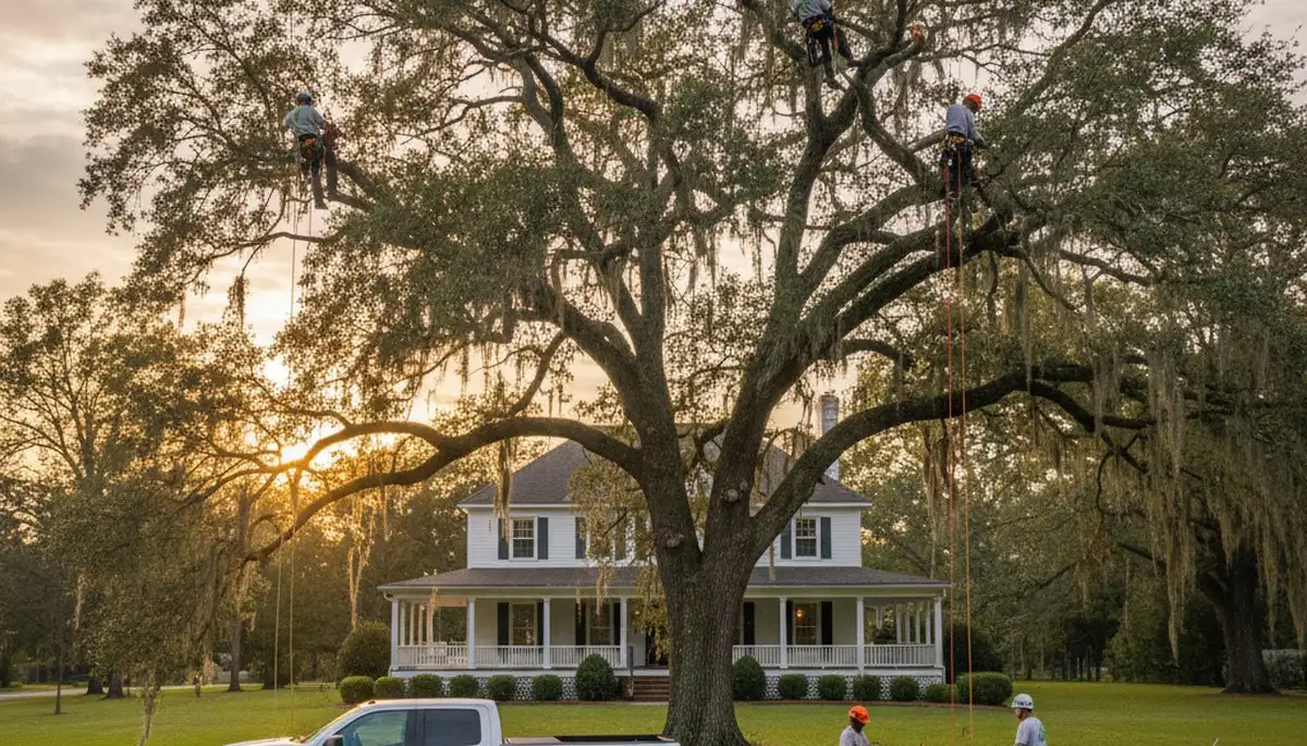 Professional tree removal service crew in Baton Rouge LA safely clearing residential oak trees