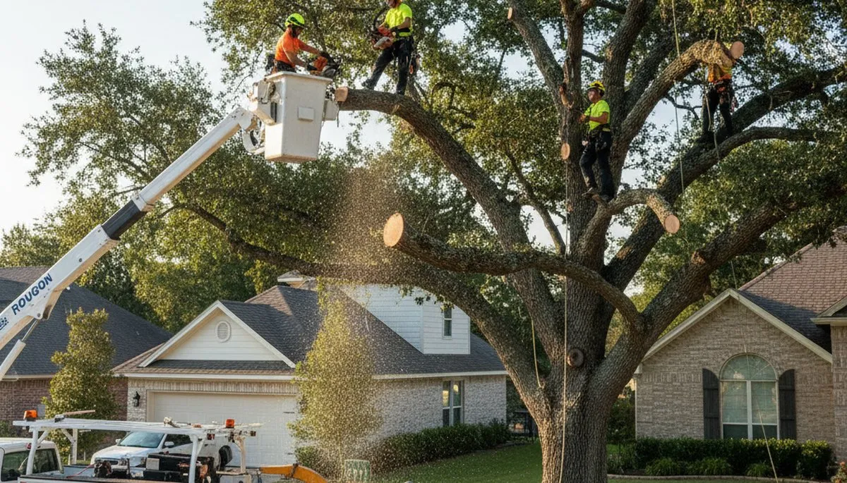 Professional tree removal service in Baton Rouge, LA safely cutting down large oak tree